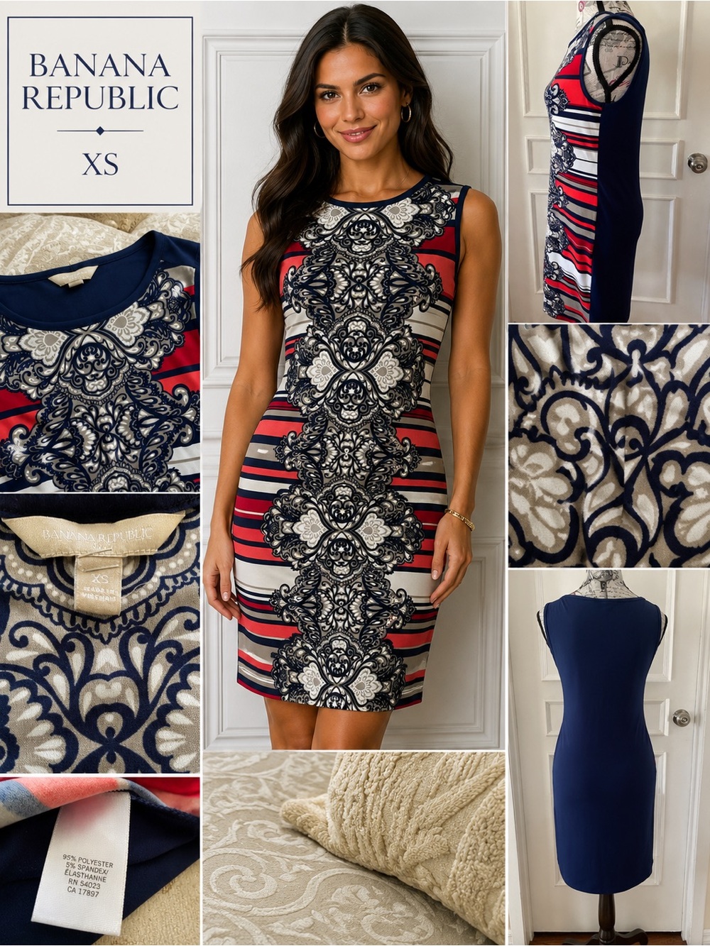 Banana Republic XS Medallion Print Sheath Dress Navy Coral Stretch - Picture 2 of 11